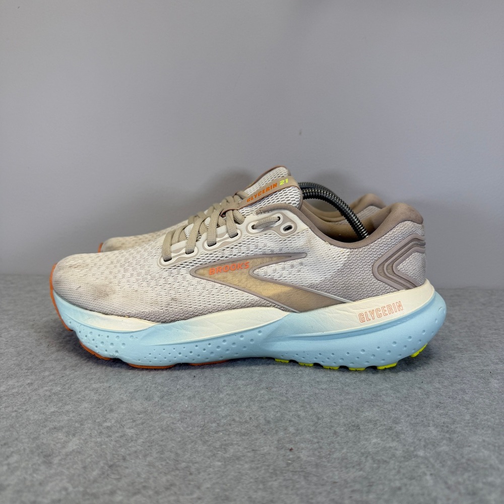 Brooks Glycerin 21 Womens Shoes Size 9.5 Tan & Blue Running Sneakers 1204081B195